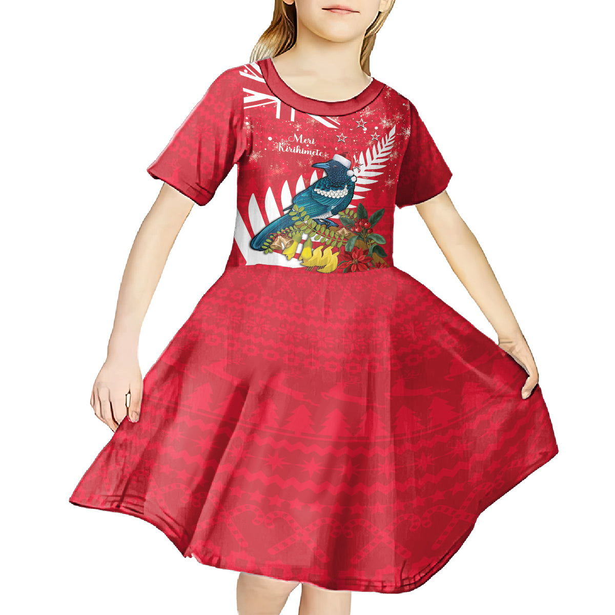 New Zealand Christmas In July Kid Short Sleeve Dress Tui Bird With Kowhai Meri Kirihimete LT14 - Polynesian Pride