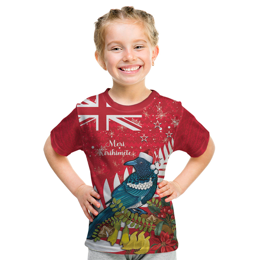 New Zealand Christmas In July Kid T Shirt Tui Bird With Kowhai Meri Kirihimete LT14 Red - Polynesian Pride