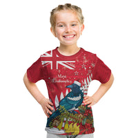 New Zealand Christmas In July Kid T Shirt Tui Bird With Kowhai Meri Kirihimete LT14 Red - Polynesian Pride