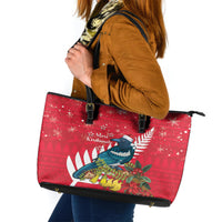New Zealand Christmas In July Leather Tote Bag Tui Bird With Kowhai Meri Kirihimete LT14 Red - Polynesian Pride