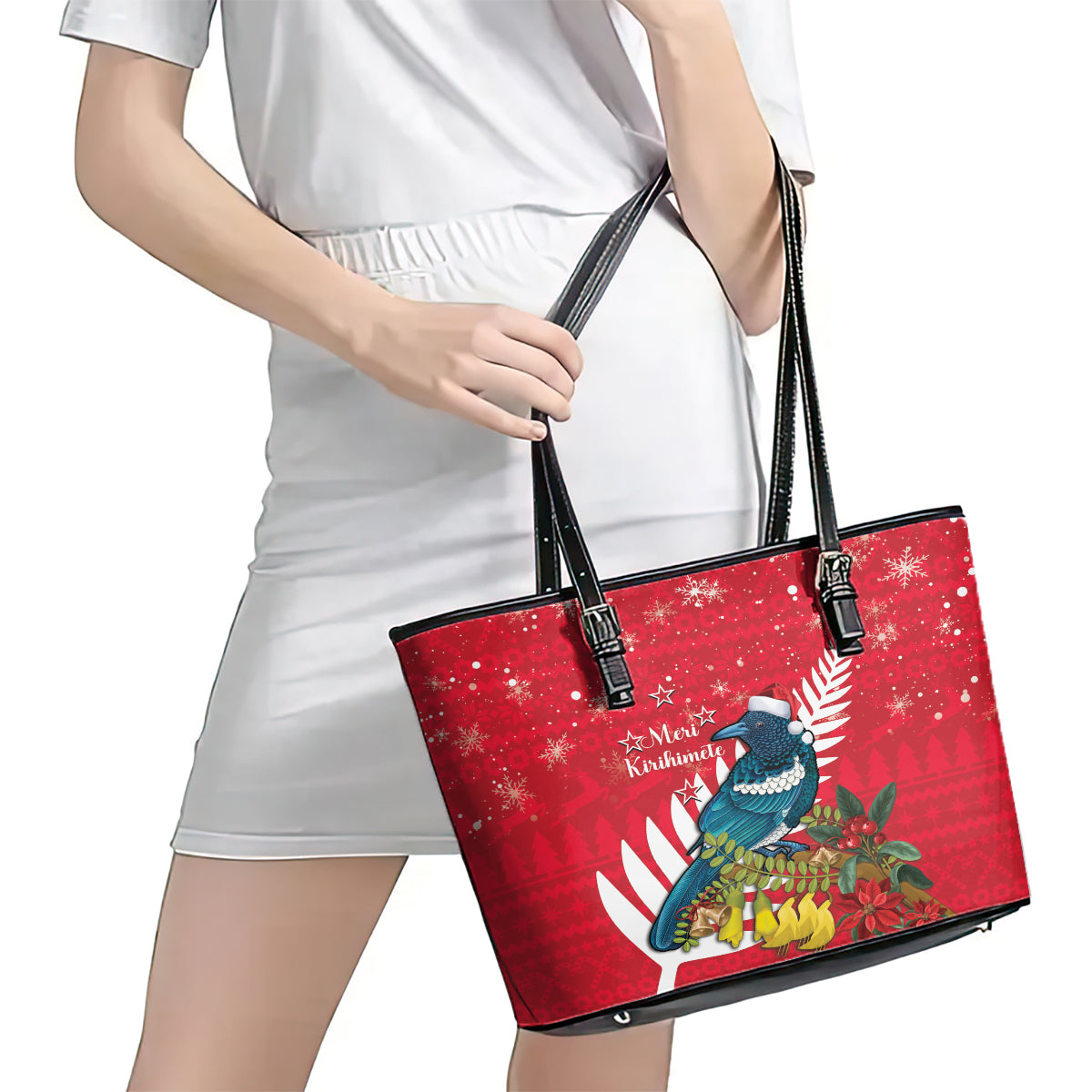 New Zealand Christmas In July Leather Tote Bag Tui Bird With Kowhai Meri Kirihimete LT14 - Polynesian Pride