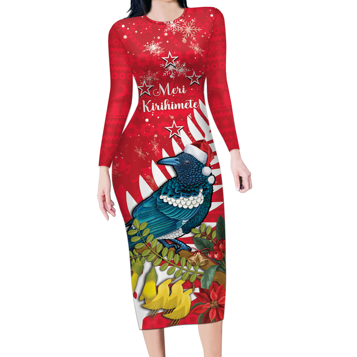 New Zealand Christmas In July Long Sleeve Bodycon Dress Tui Bird With Kowhai Meri Kirihimete LT14 Long Dress Red - Polynesian Pride
