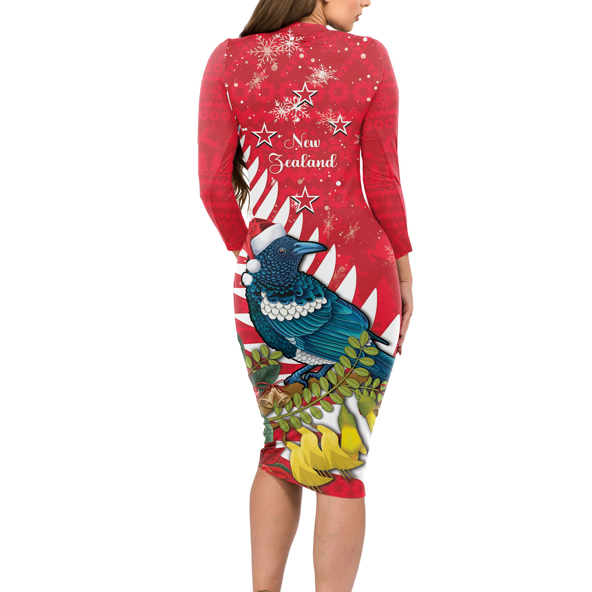 New Zealand Christmas In July Long Sleeve Bodycon Dress Tui Bird With Kowhai Meri Kirihimete LT14 - Polynesian Pride