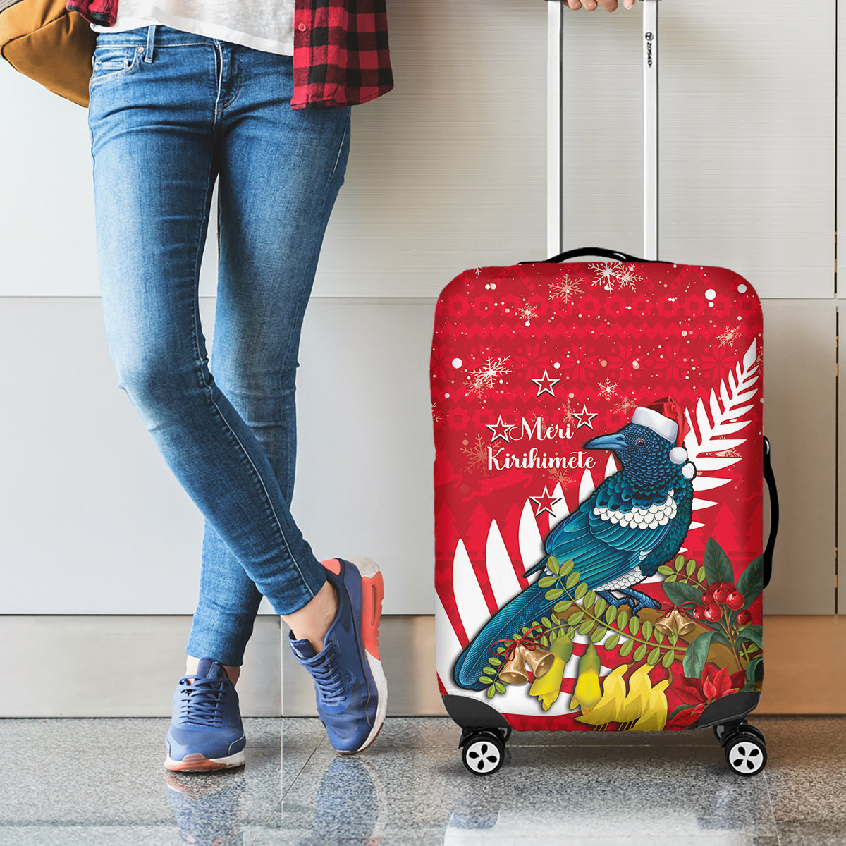 New Zealand Christmas In July Luggage Cover Tui Bird With Kowhai Meri Kirihimete