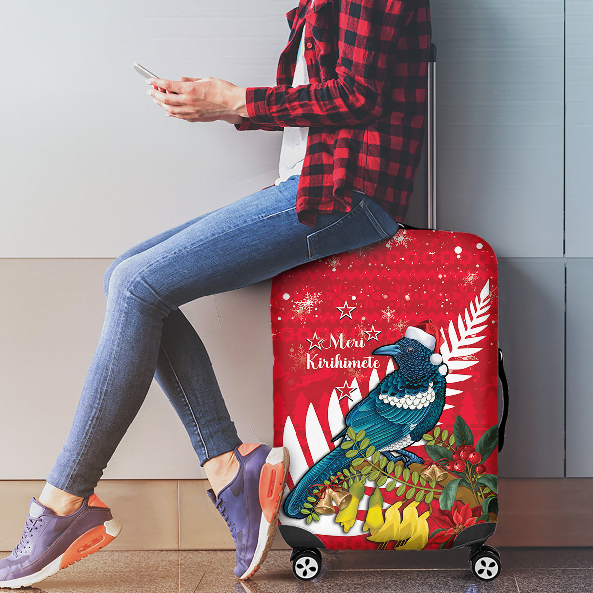 New Zealand Christmas In July Luggage Cover Tui Bird With Kowhai Meri Kirihimete