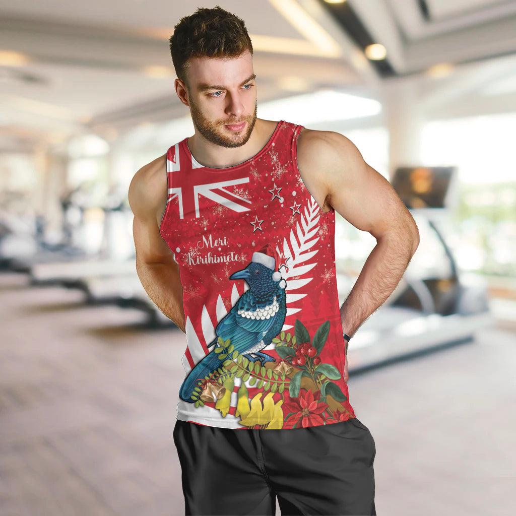 New Zealand Christmas In July Men Tank Top Tui Bird With Kowhai Meri Kirihimete LT14 Red - Polynesian Pride