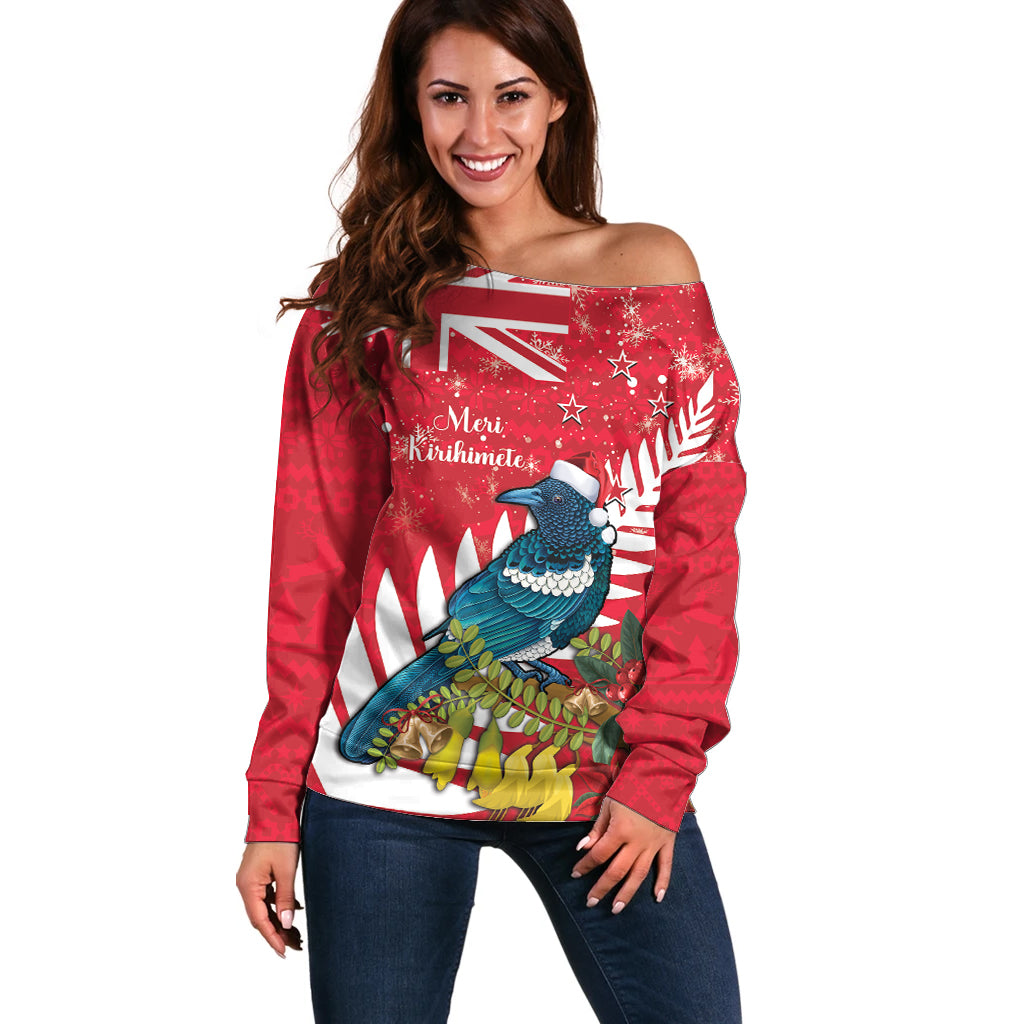 New Zealand Christmas In July Off Shoulder Sweater Tui Bird With Kowhai Meri Kirihimete LT14 Women Red - Polynesian Pride