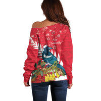 New Zealand Christmas In July Off Shoulder Sweater Tui Bird With Kowhai Meri Kirihimete LT14 - Polynesian Pride