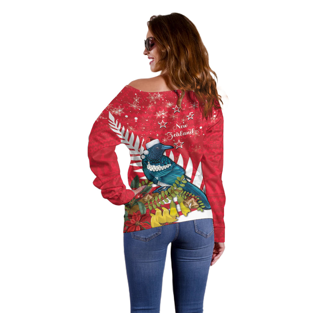 New Zealand Christmas In July Off Shoulder Sweater Tui Bird With Kowhai Meri Kirihimete LT14 - Polynesian Pride