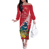 New Zealand Christmas In July Off The Shoulder Long Sleeve Dress Tui Bird With Kowhai Meri Kirihimete LT14 Women Red - Polynesian Pride