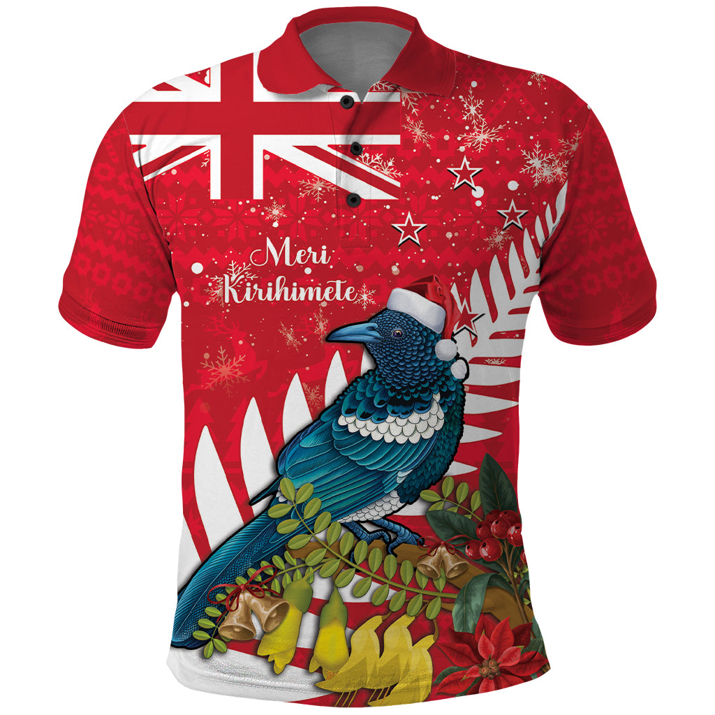 New Zealand Christmas In July Polo Shirt Tui Bird With Kowhai Meri Kirihimete LT14 Red - Polynesian Pride
