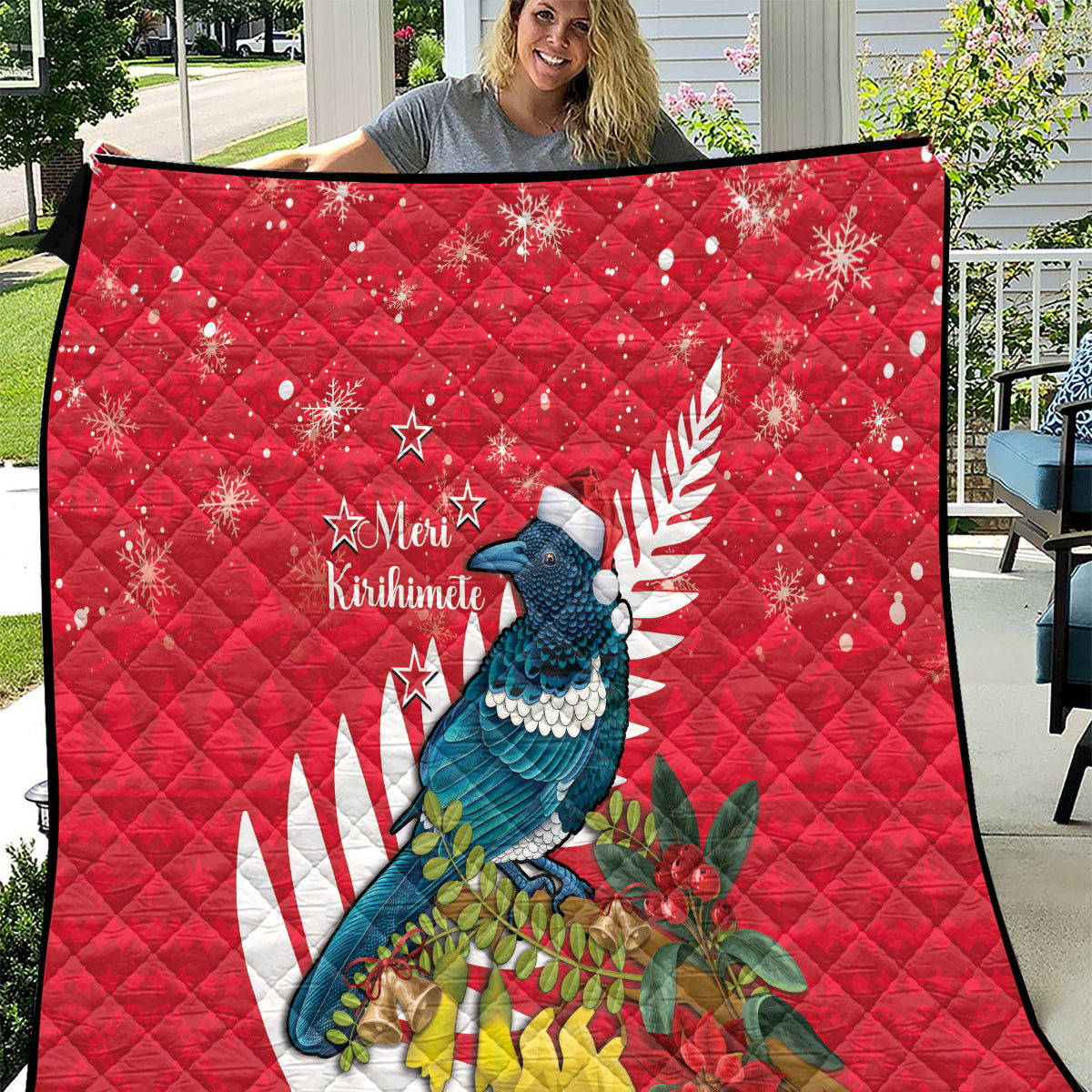 New Zealand Christmas In July Quilt Tui Bird With Kowhai Meri Kirihimete LT14 Red - Polynesian Pride