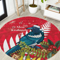 New Zealand Christmas In July Round Carpet Tui Bird With Kowhai Meri Kirihimete LT14 Red - Polynesian Pride
