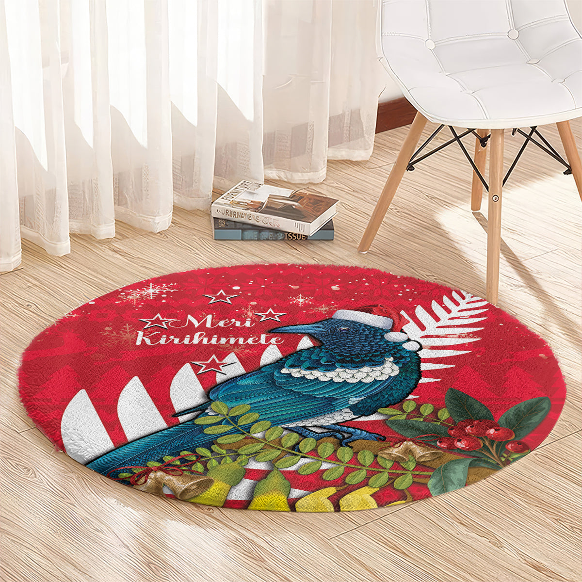 New Zealand Christmas In July Round Carpet Tui Bird With Kowhai Meri Kirihimete LT14 - Polynesian Pride