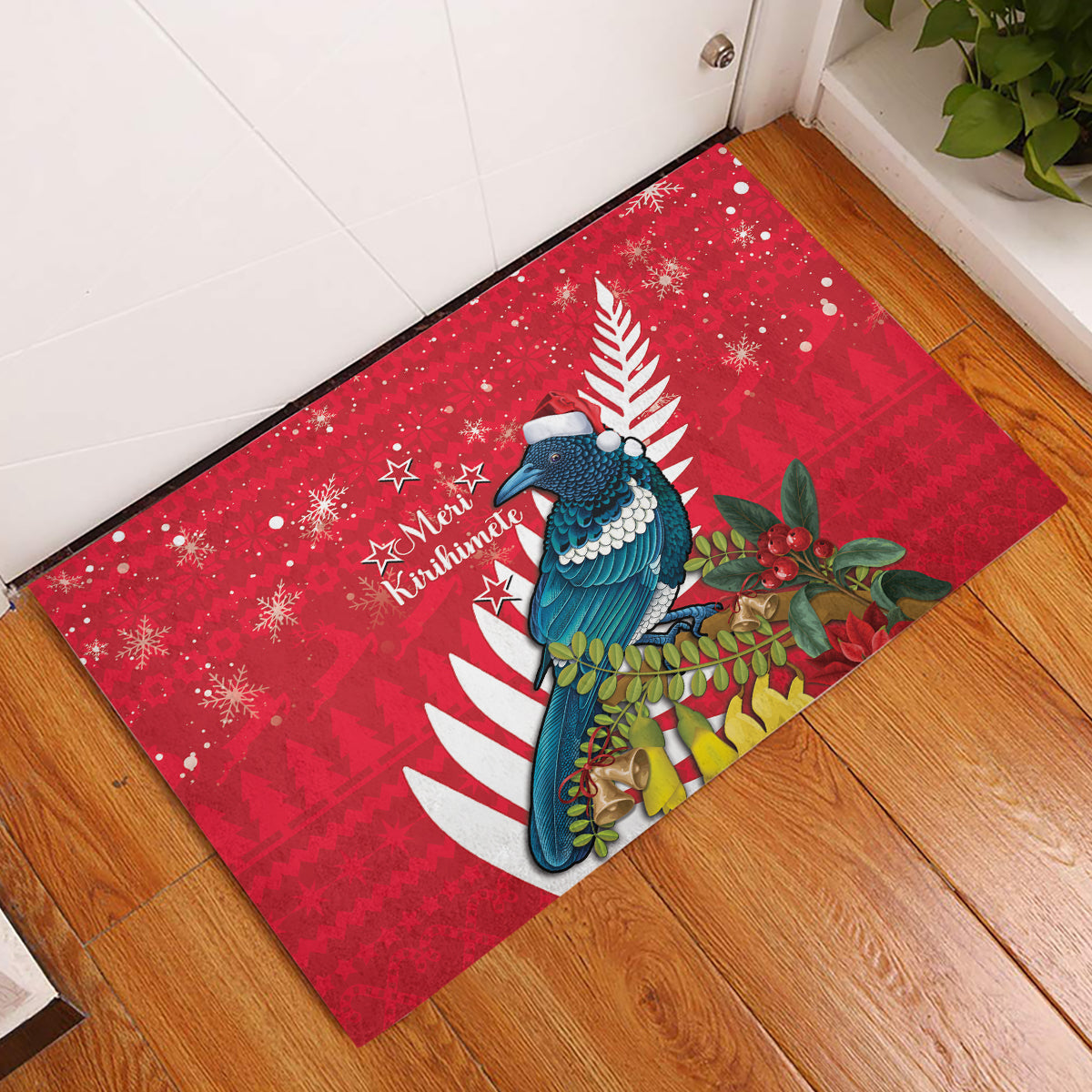 New Zealand Christmas In July Rubber Doormat Tui Bird With Kowhai Meri Kirihimete LT14 Red - Polynesian Pride