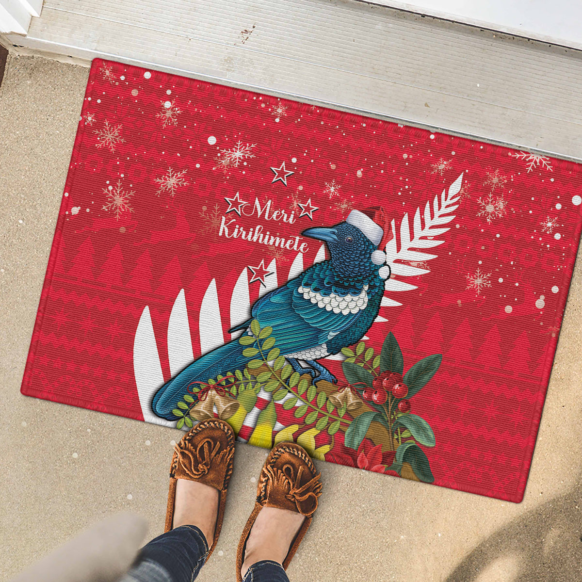 New Zealand Christmas In July Rubber Doormat Tui Bird With Kowhai Meri Kirihimete LT14 - Polynesian Pride