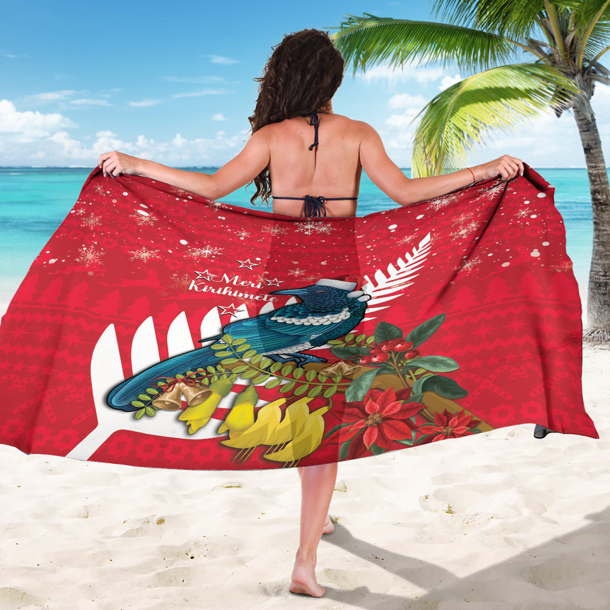 New Zealand Christmas In July Sarong Tui Bird With Kowhai Meri Kirihimete LT14 - Polynesian Pride