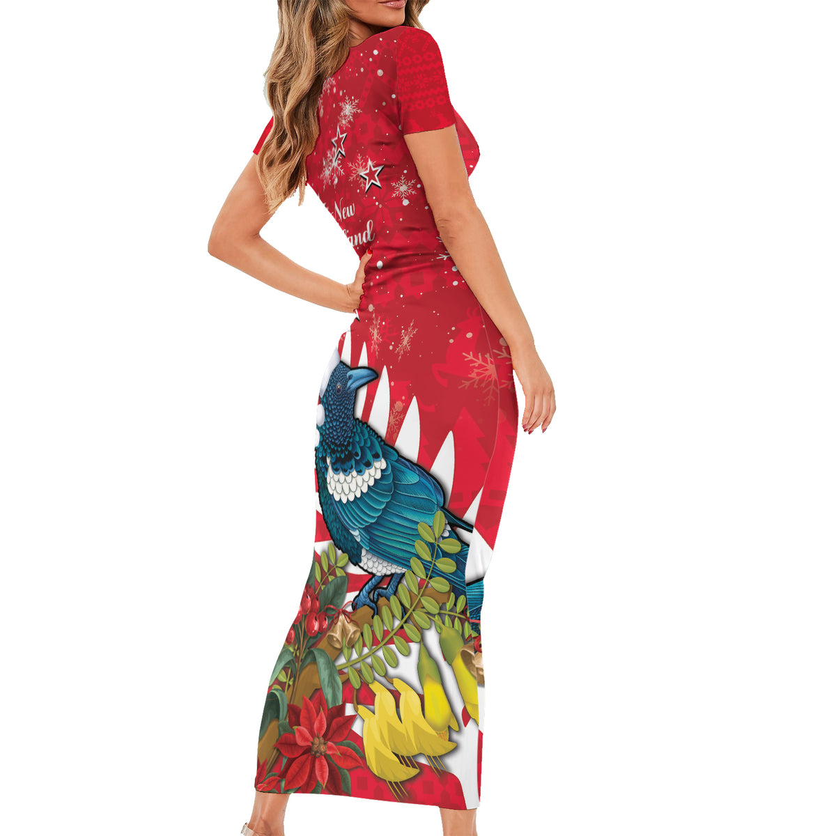 New Zealand Christmas In July Short Sleeve Bodycon Dress Tui Bird With Kowhai Meri Kirihimete LT14 - Polynesian Pride