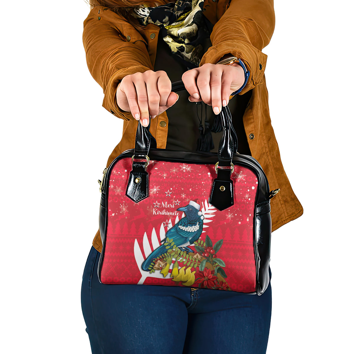 New Zealand Christmas In July Shoulder Handbag Tui Bird With Kowhai Meri Kirihimete LT14 One Size Red - Polynesian Pride