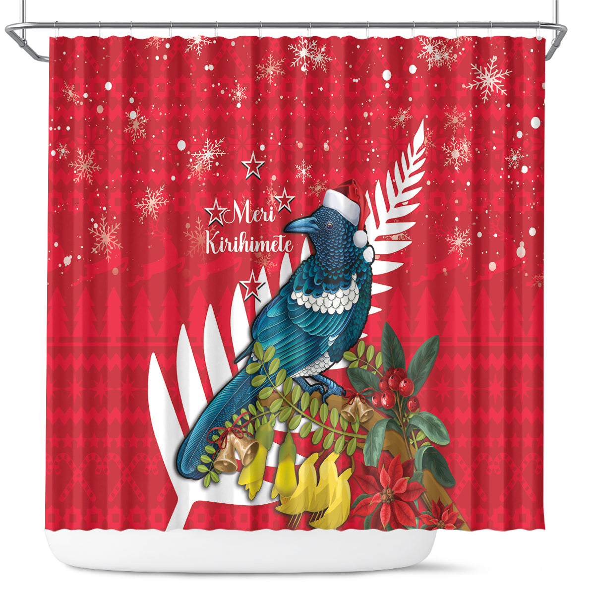 New Zealand Christmas In July Shower Curtain Tui Bird With Kowhai Meri Kirihimete LT14 Red - Polynesian Pride