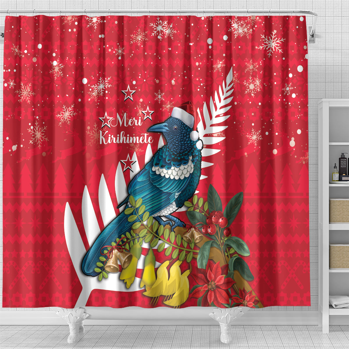 New Zealand Christmas In July Shower Curtain Tui Bird With Kowhai Meri Kirihimete LT14 - Polynesian Pride