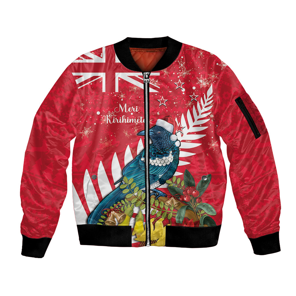 New Zealand Christmas In July Sleeve Zip Bomber Jacket Tui Bird With Kowhai Meri Kirihimete LT14 Unisex Red - Polynesian Pride