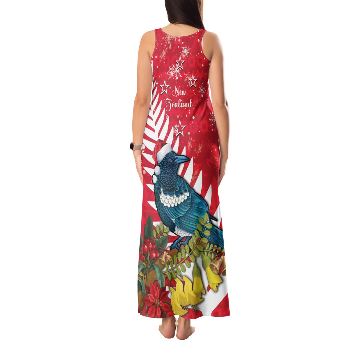 New Zealand Christmas In July Tank Maxi Dress Tui Bird With Kowhai Meri Kirihimete LT14 - Polynesian Pride