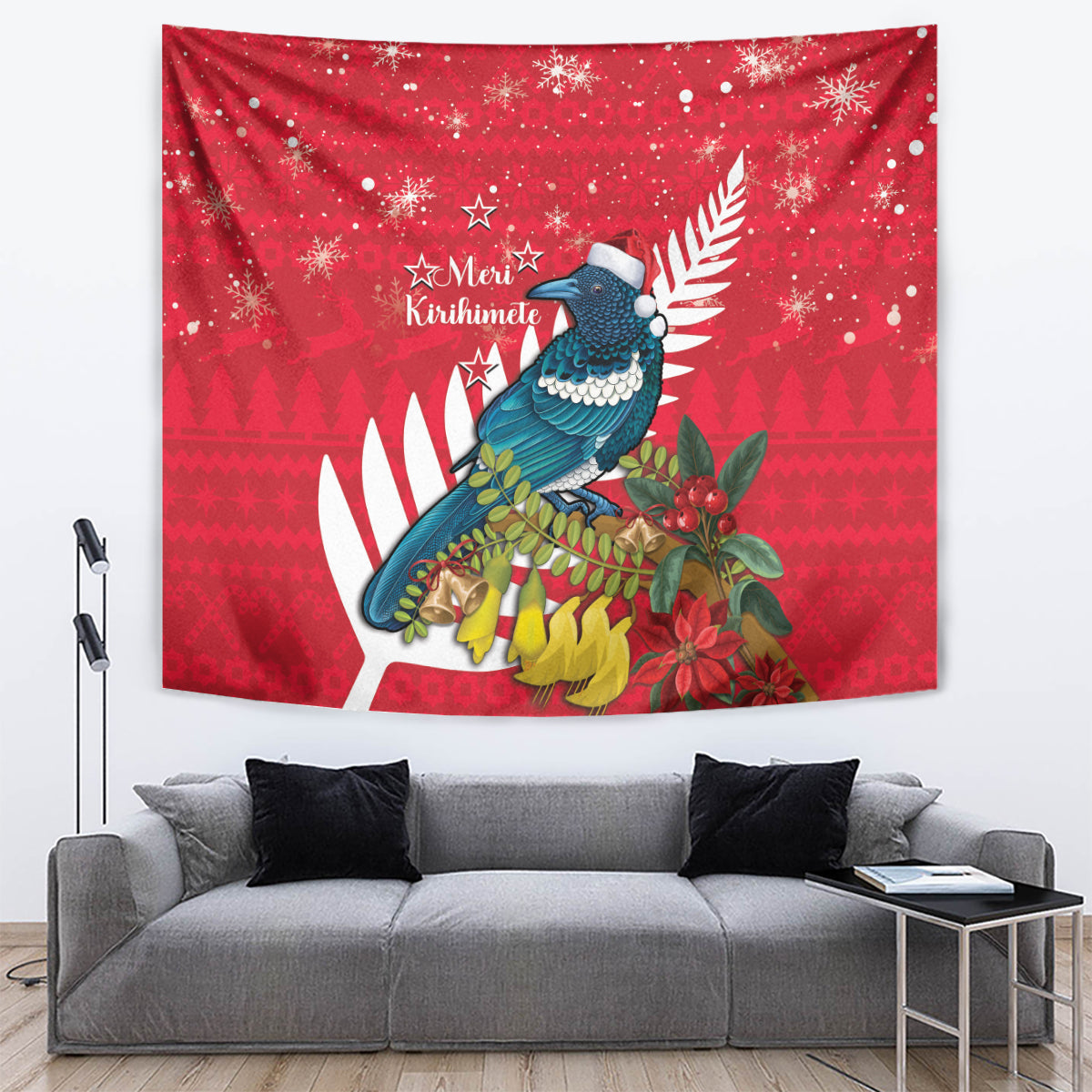 New Zealand Christmas In July Tapestry Tui Bird With Kowhai Meri Kirihimete LT14 Red - Polynesian Pride