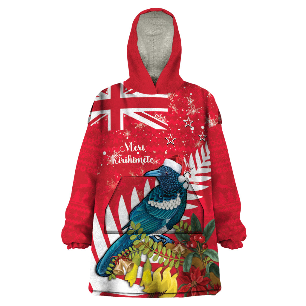 New Zealand Christmas In July Wearable Blanket Hoodie Tui Bird With Kowhai Meri Kirihimete LT14 One Size Red - Polynesian Pride