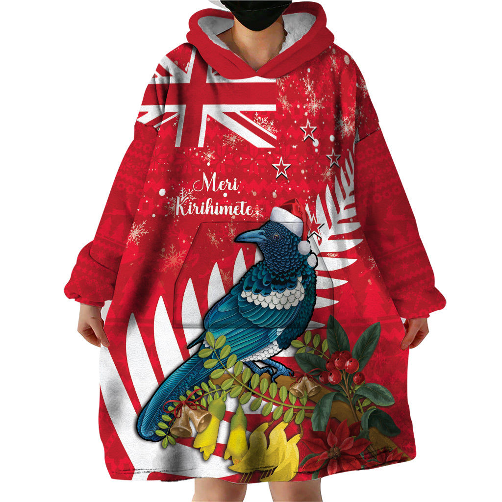 New Zealand Christmas In July Wearable Blanket Hoodie Tui Bird With Kowhai Meri Kirihimete LT14 - Polynesian Pride