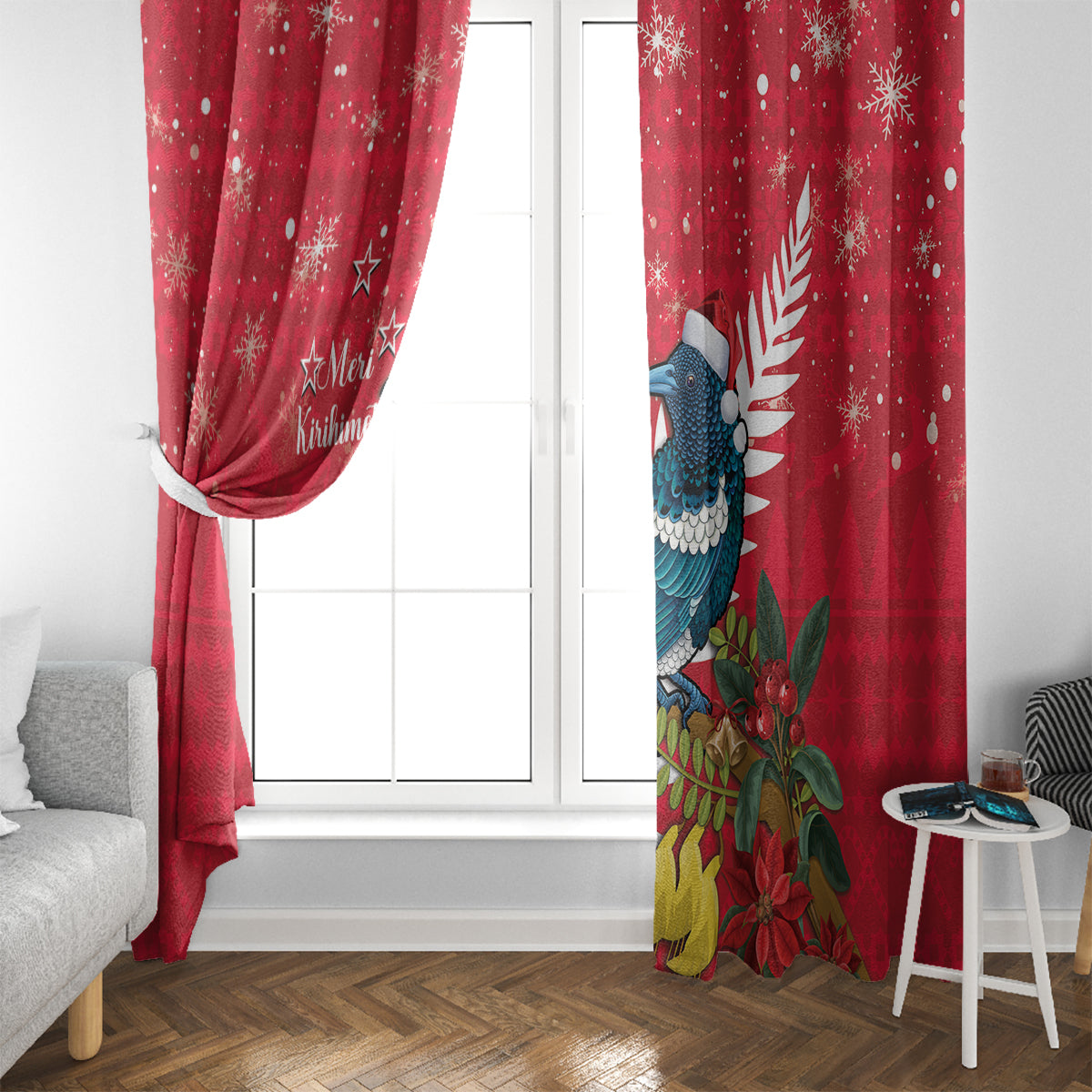 New Zealand Christmas In July Window Curtain Tui Bird With Kowhai Meri Kirihimete LT14 - Polynesian Pride