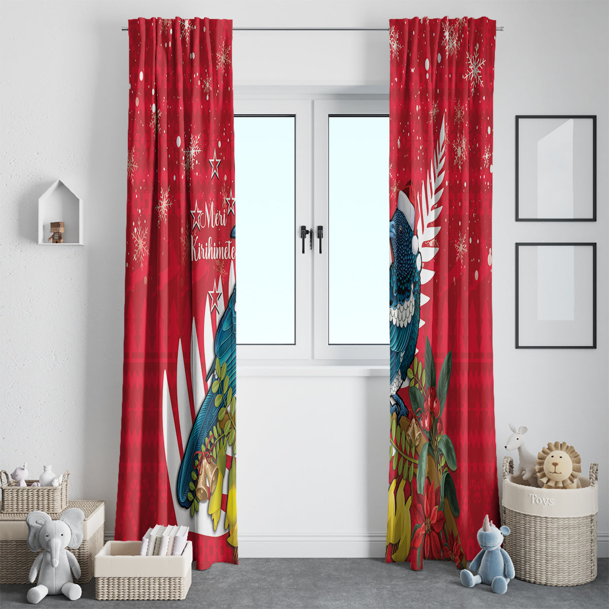 New Zealand Christmas In July Window Curtain Tui Bird With Kowhai Meri Kirihimete LT14 - Polynesian Pride