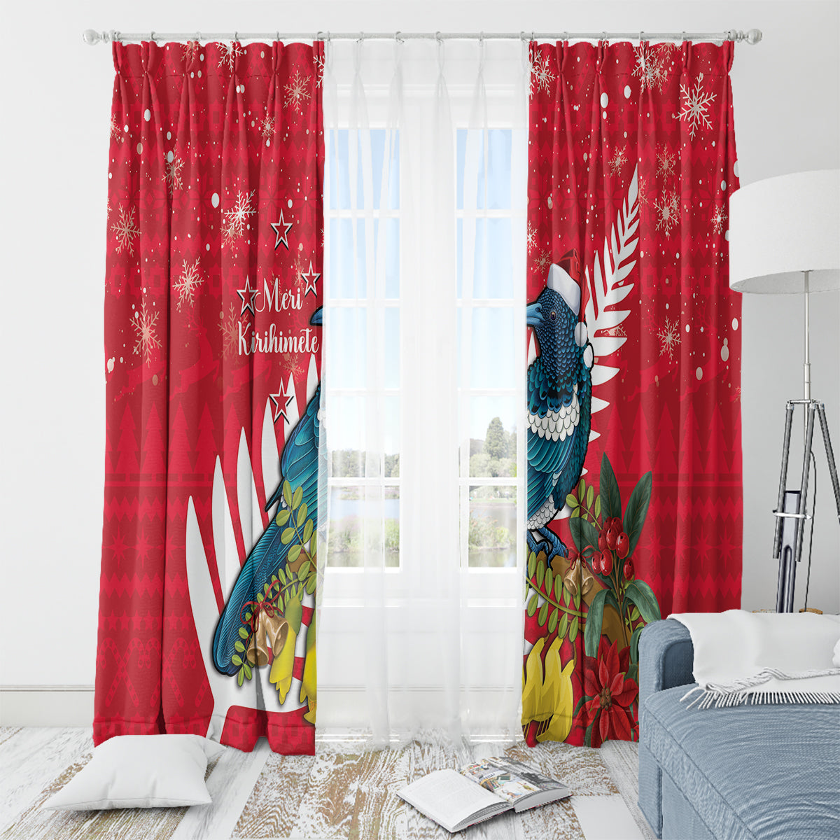 New Zealand Christmas In July Window Curtain Tui Bird With Kowhai Meri Kirihimete LT14 - Polynesian Pride