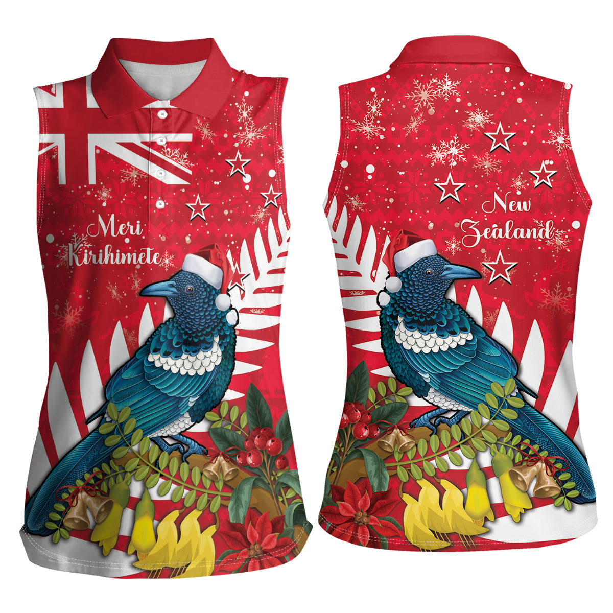 New Zealand Christmas In July Women Sleeveless Polo Shirt Tui Bird With Kowhai Meri Kirihimete LT14 - Polynesian Pride