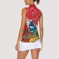 New Zealand Christmas In July Women Sleeveless Polo Shirt Tui Bird With Kowhai Meri Kirihimete LT14 - Polynesian Pride