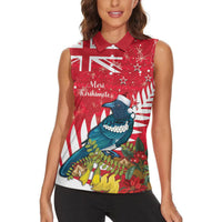 New Zealand Christmas In July Women Sleeveless Polo Shirt Tui Bird With Kowhai Meri Kirihimete LT14 - Polynesian Pride