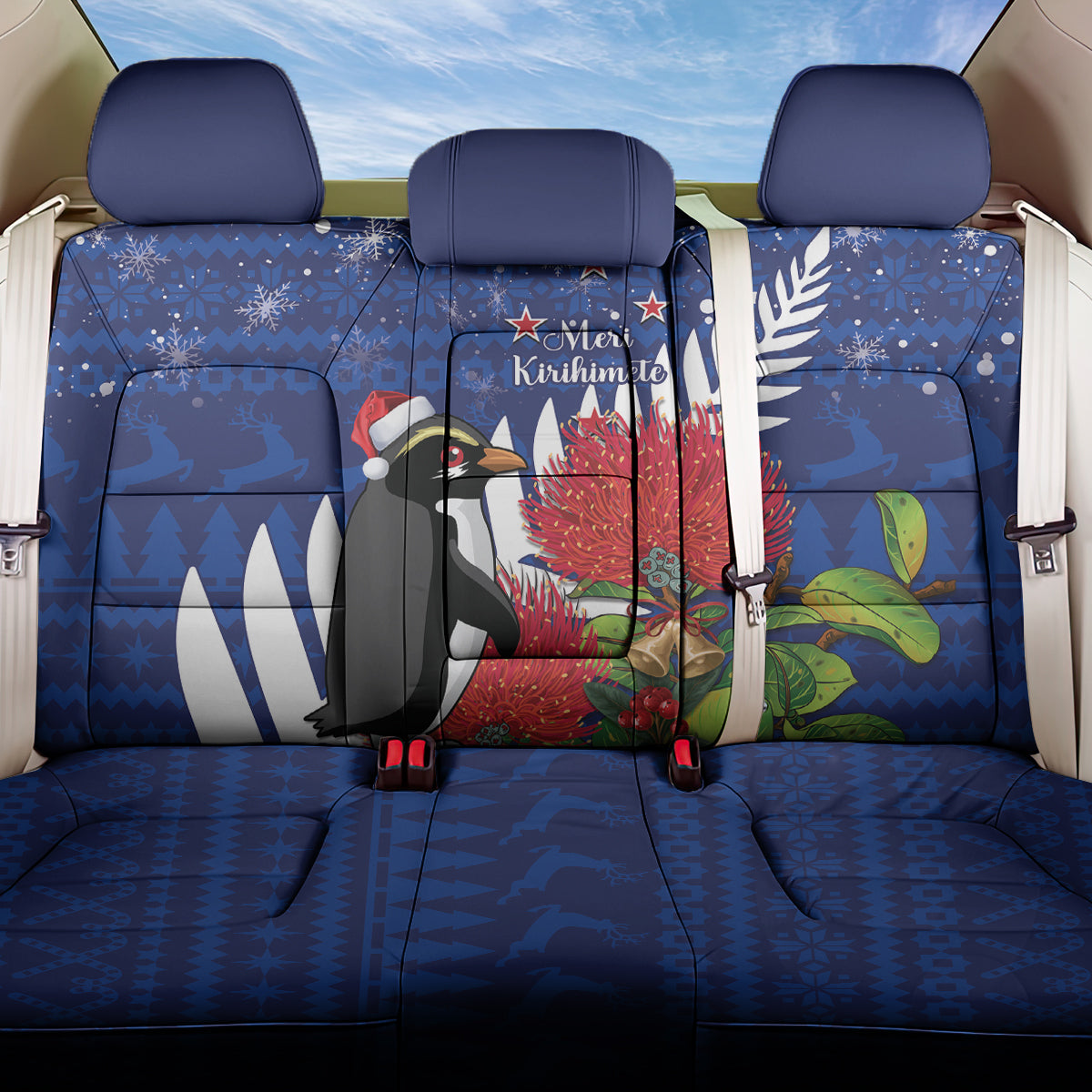 New Zealand Christmas In July Back Car Seat Cover Fiordland Penguin With Pohutukawa Flower LT14 One Size Blue - Polynesian Pride