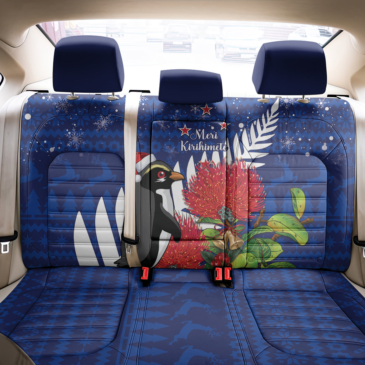 New Zealand Christmas In July Back Car Seat Cover Fiordland Penguin With Pohutukawa Flower LT14 - Polynesian Pride