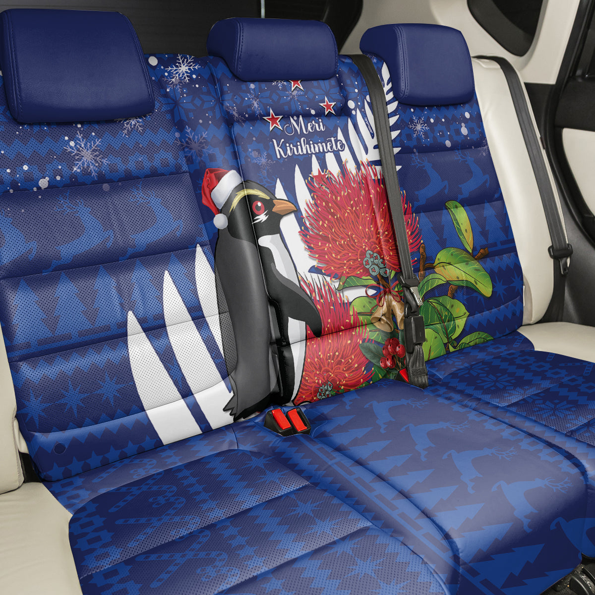 New Zealand Christmas In July Back Car Seat Cover Fiordland Penguin With Pohutukawa Flower LT14 - Polynesian Pride
