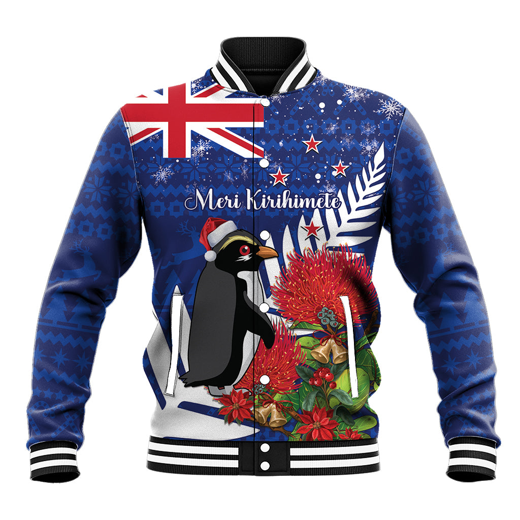 New Zealand Christmas In July Baseball Jacket Fiordland Penguin With Pohutukawa Flower LT14 Unisex Blue - Polynesian Pride