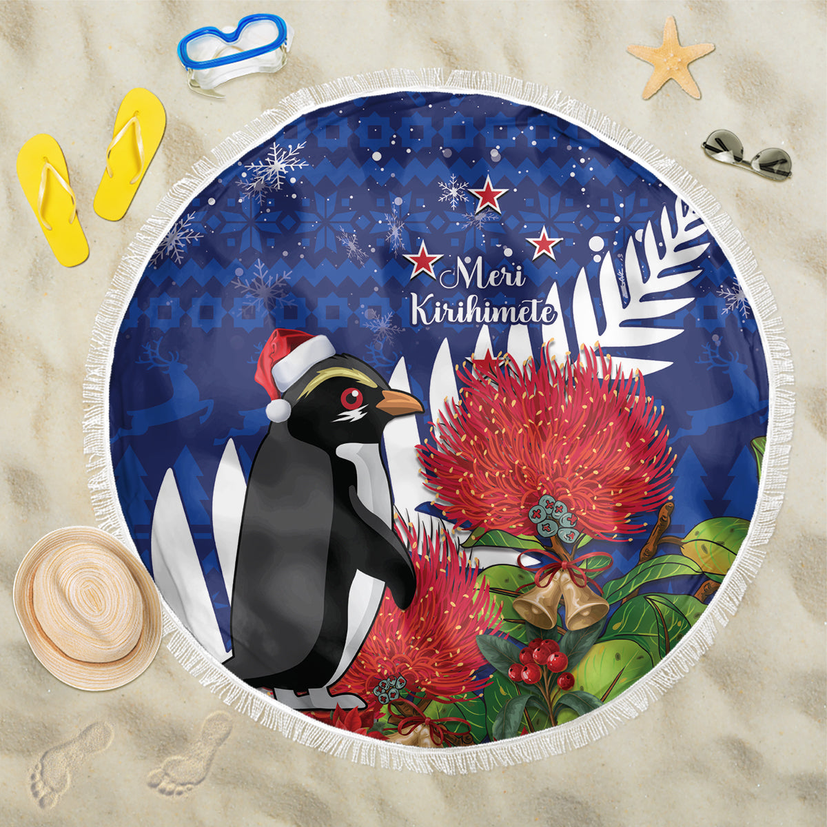 New Zealand Christmas In July Beach Blanket Fiordland Penguin With Pohutukawa Flower LT14 One Size 150cm Blue - Polynesian Pride
