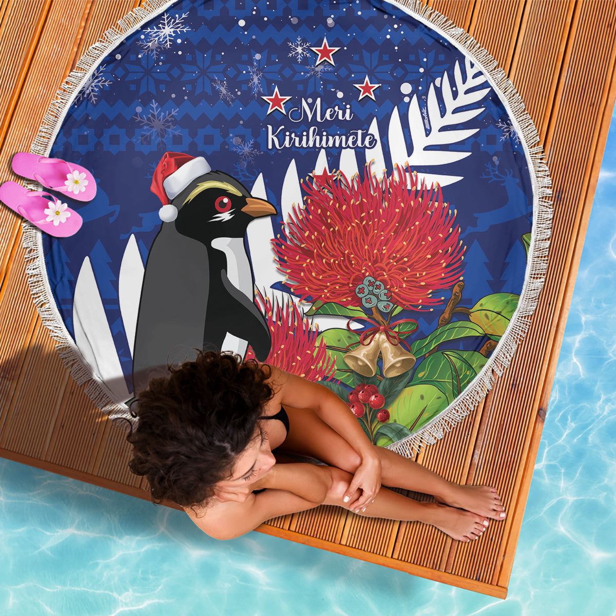 New Zealand Christmas In July Beach Blanket Fiordland Penguin With Pohutukawa Flower LT14 - Polynesian Pride