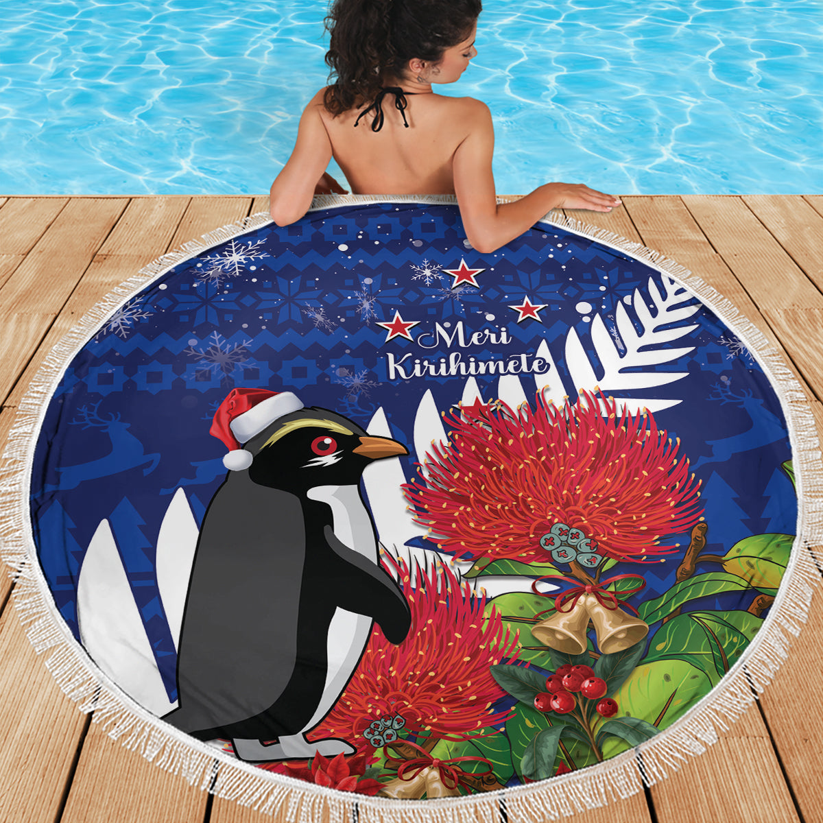 New Zealand Christmas In July Beach Blanket Fiordland Penguin With Pohutukawa Flower LT14 - Polynesian Pride