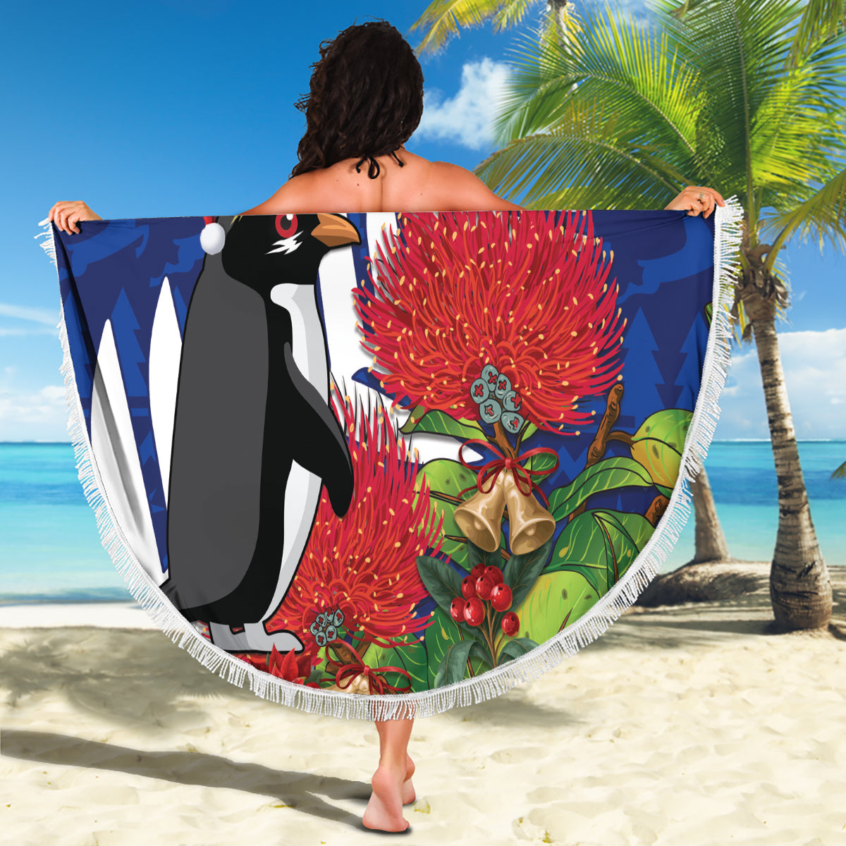 New Zealand Christmas In July Beach Blanket Fiordland Penguin With Pohutukawa Flower LT14 - Polynesian Pride