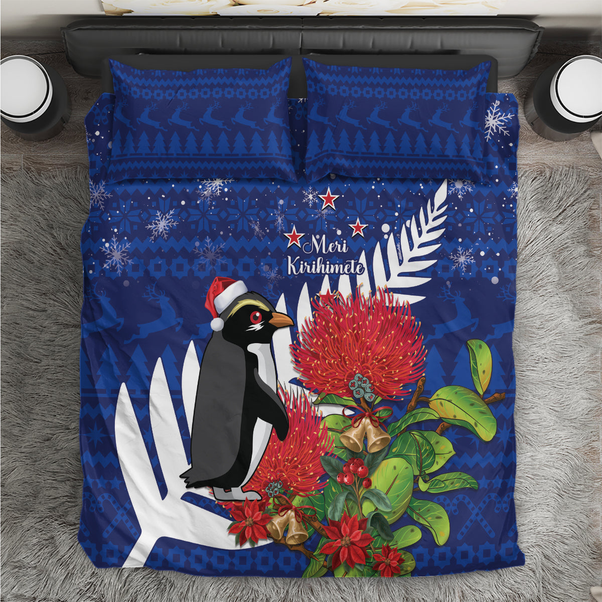 New Zealand Christmas In July Bedding Set Fiordland Penguin With Pohutukawa Flower LT14 Blue - Polynesian Pride