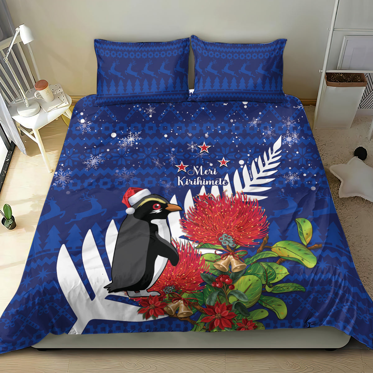 New Zealand Christmas In July Bedding Set Fiordland Penguin With Pohutukawa Flower LT14 - Polynesian Pride