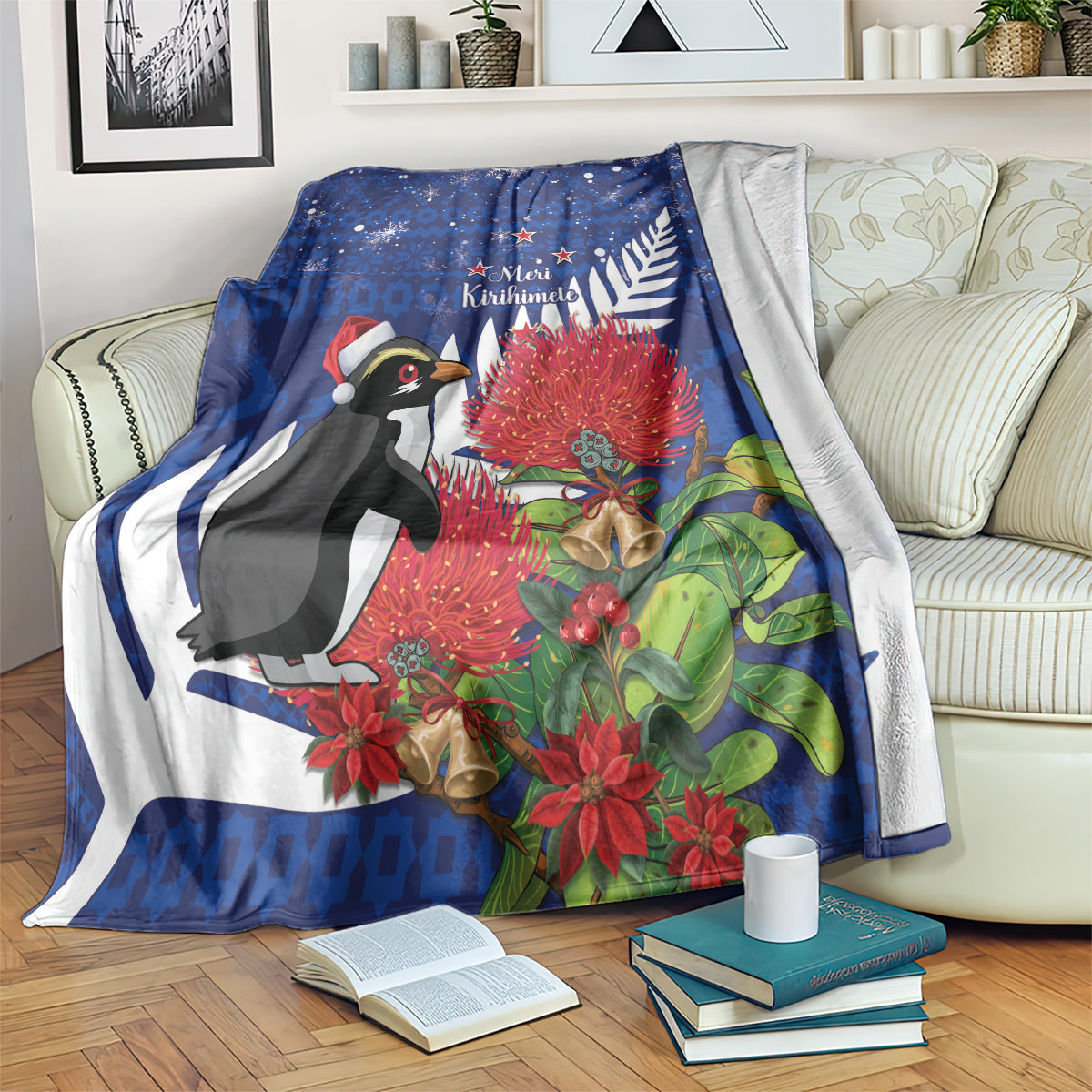 New Zealand Christmas In July Blanket Fiordland Penguin With Pohutukawa Flower LT14 Blue - Polynesian Pride