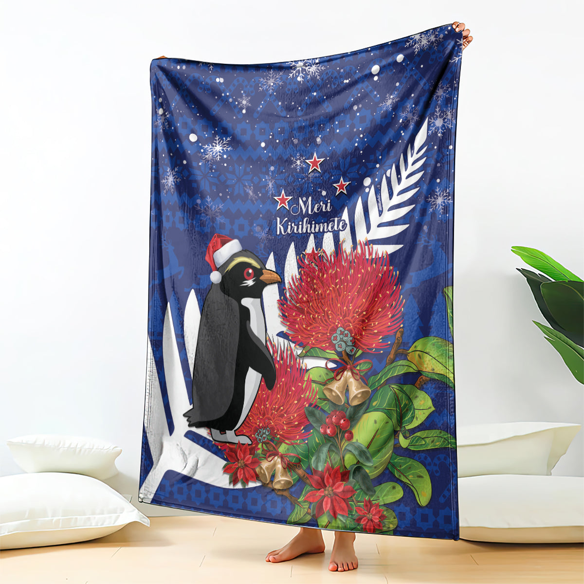 New Zealand Christmas In July Blanket Fiordland Penguin With Pohutukawa Flower LT14 - Polynesian Pride