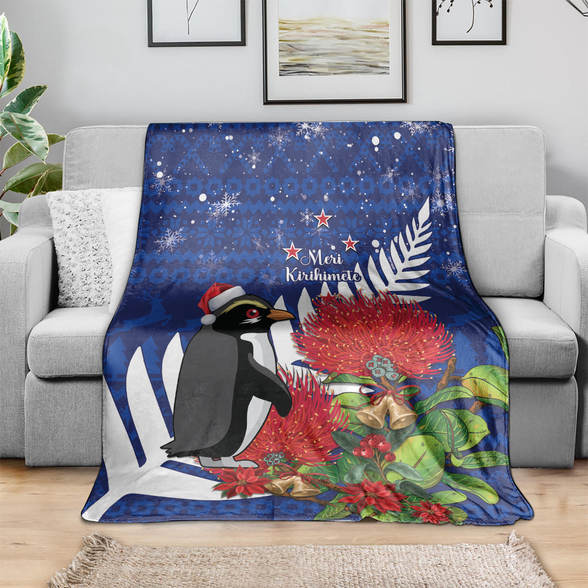 New Zealand Christmas In July Blanket Fiordland Penguin With Pohutukawa Flower LT14 - Polynesian Pride