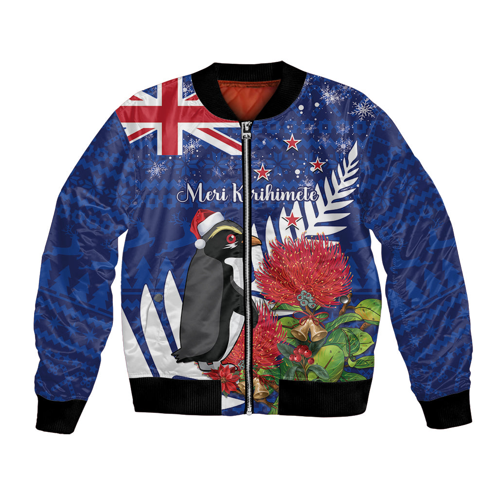 New Zealand Christmas In July Bomber Jacket Fiordland Penguin With Pohutukawa Flower LT14 Unisex Blue - Polynesian Pride